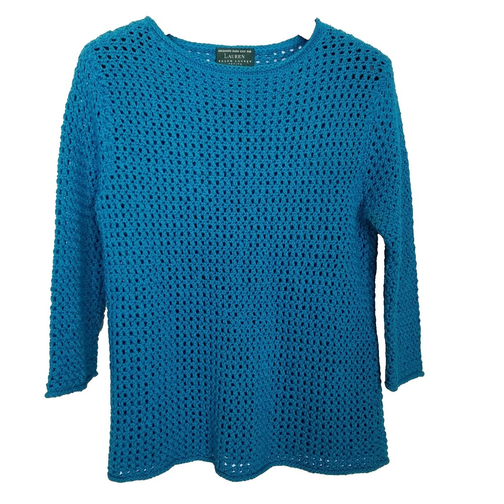 Lauren Ralph Lauren Women Open Knit Sweater Sz L Petite Blue Hand Knit Pullover